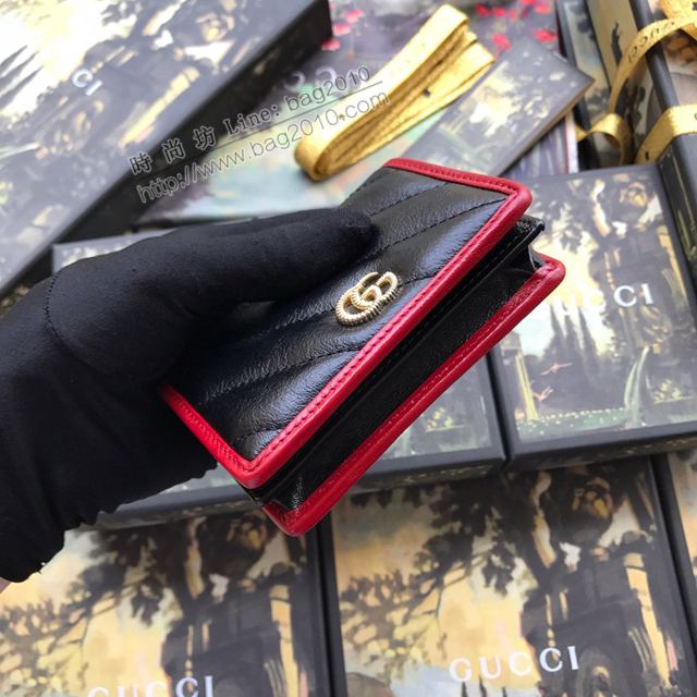 Gucci包 古馳卡包 573811黑色拼紅全皮 2019新款復古風格櫻桃紅皮滾邊卡包 GG marmont小卡包  gudj1442